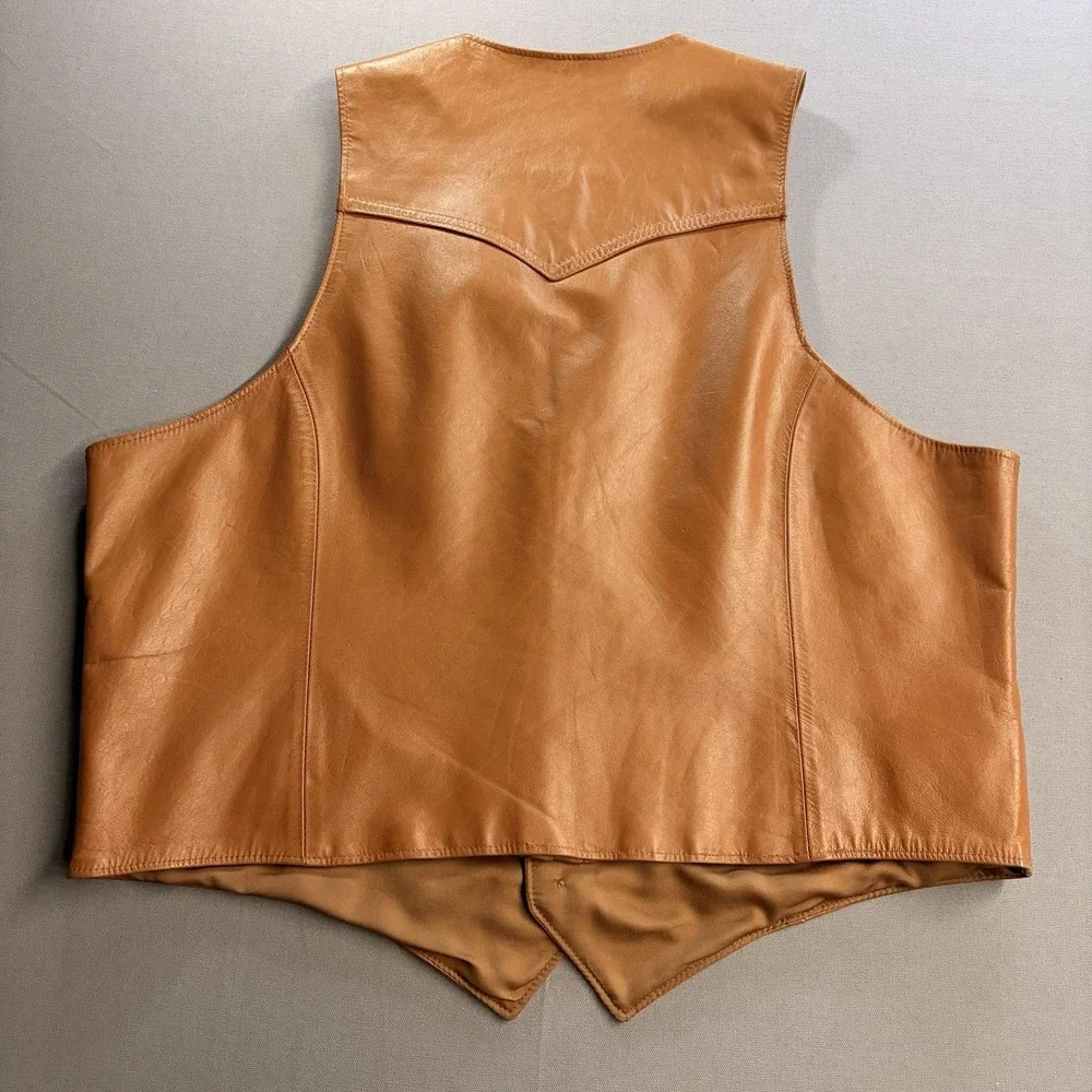 Vintage Pioneer Wear Genuine Leather Western Vest Mens 44 Tan Brown USA Cowboy